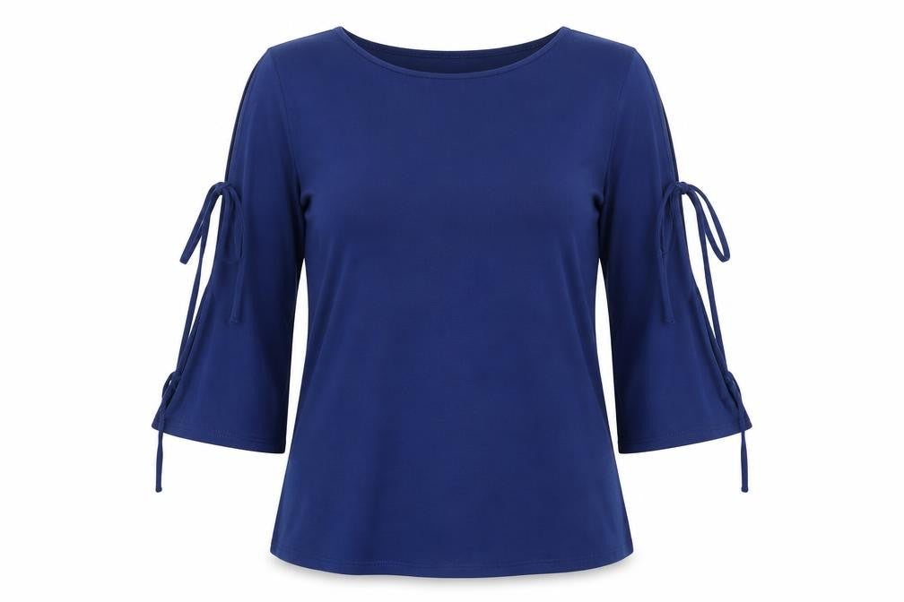 Front view of Preworn women’s blue polyester basic blouse, size L, boat neck - tie sleeve detail