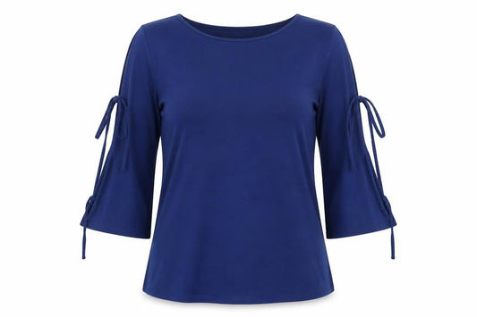 Front view of Preworn women’s blue polyester basic blouse, size L, boat neck - tie sleeve detail