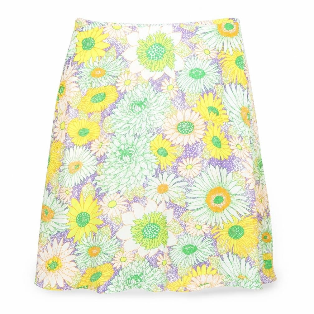 Front view of H&M women’s multicoloured floral viscose swing skirt, size UK 6, zip