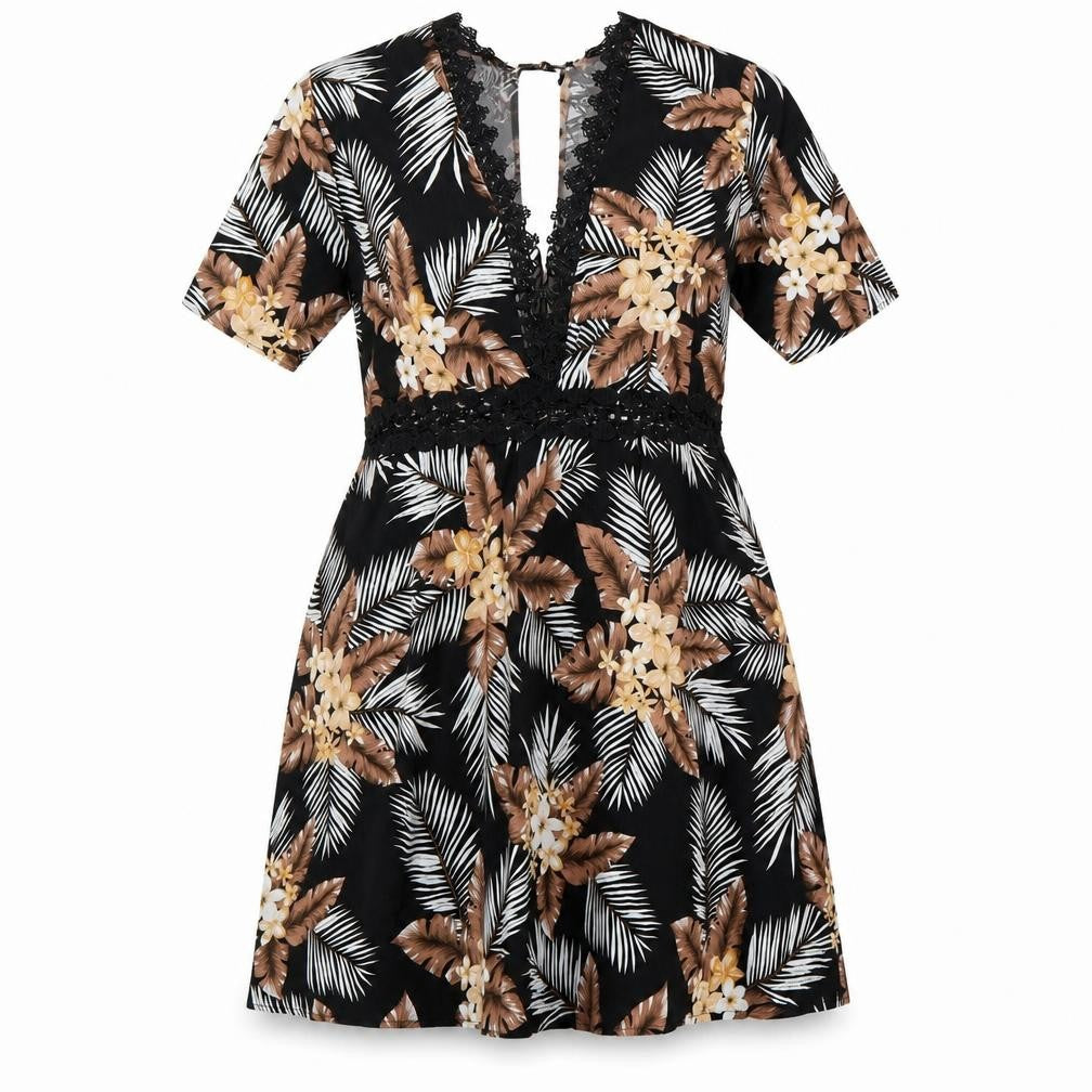 Front view of SHEIN women’s black floral polyester fit & flare, size UK 8, v-neck zip