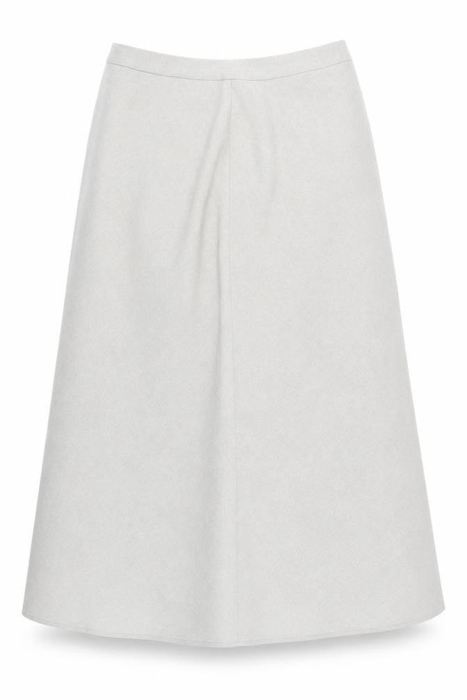 Front view of Topics women’s beige polyester swing skirt, size UK 10, zip