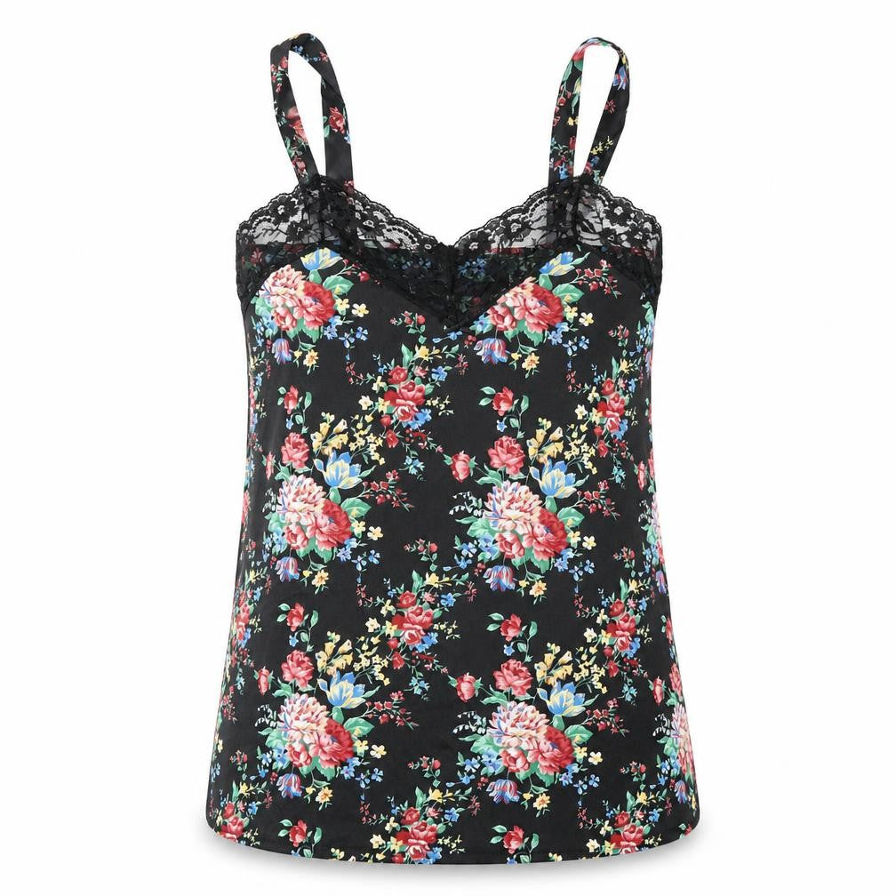 Front view of Topics women’s black floral polyester basic blouse, size L, v-neck - lace trim