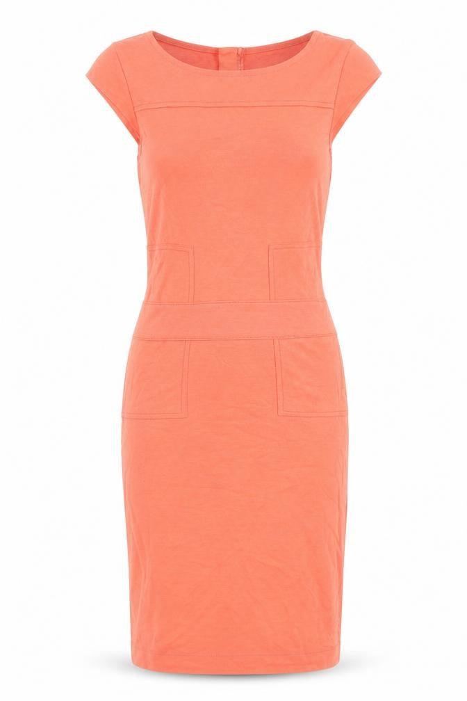 Front view of French Connection women’s orange polyester bodycon, size UK 10, boat neck zip