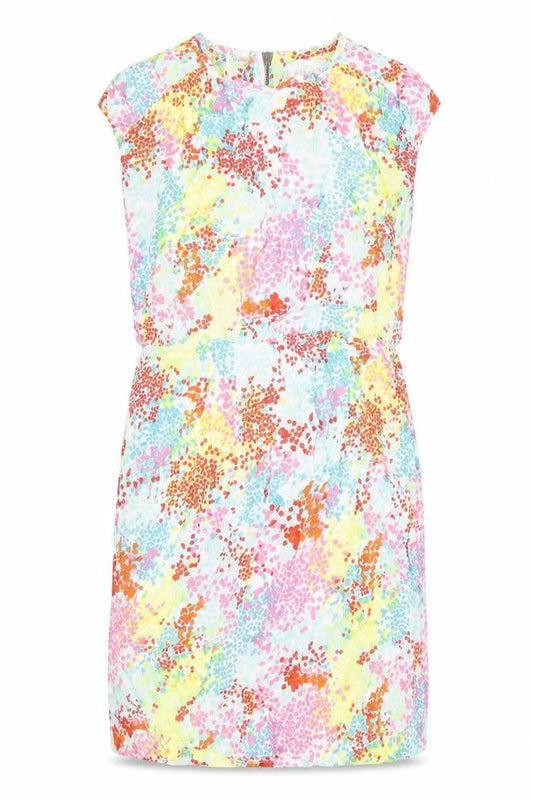 Front view of John Lewis women’s multicoloured geometric viscose shift, size UK 12, round neck zip