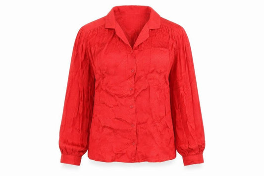 Front view of Topshop women’s red viscose basic button-up, size UK 8, collared