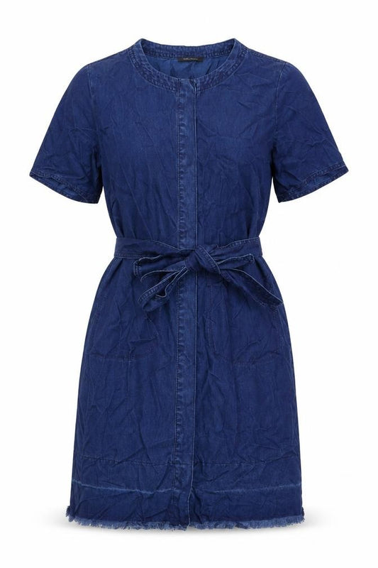 Front view of IKKS women’s blue lyocell a-line, size UK 10, round neck snap
