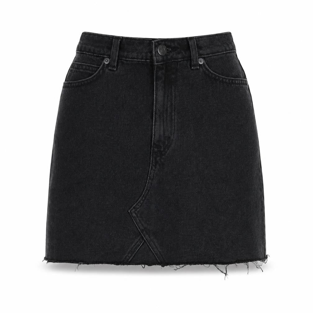 Front view of Monki women’s black cotton mini skirt, size UK 6, zip