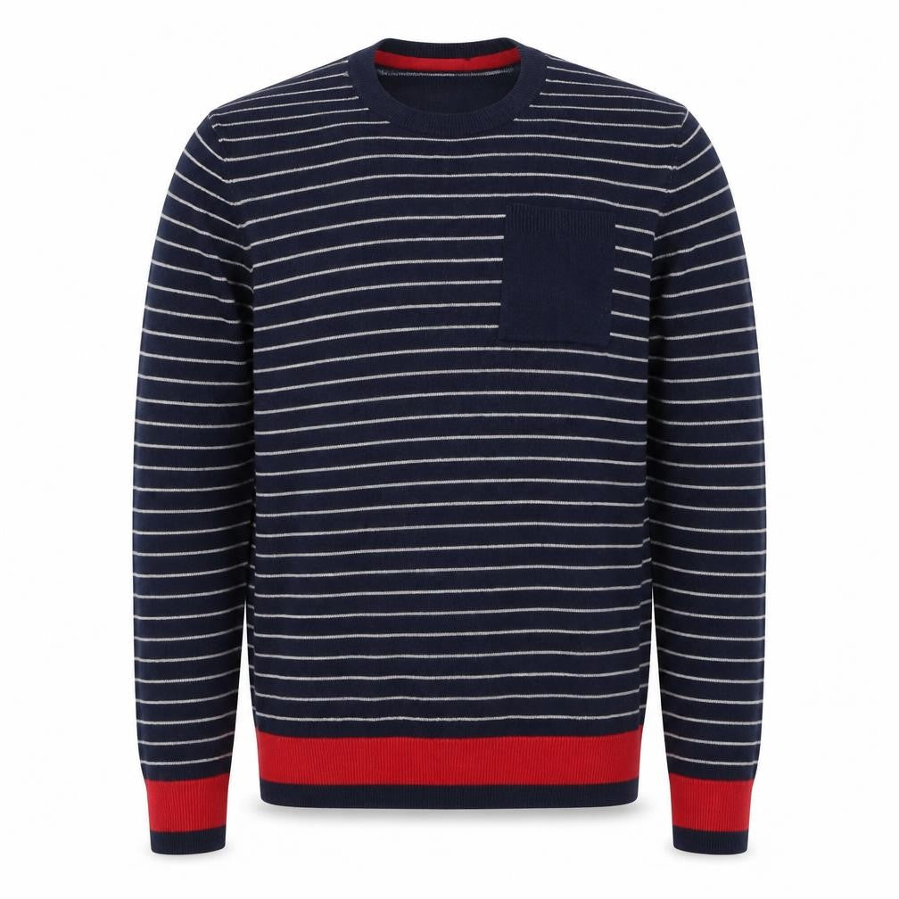 Front view of Burton men’s blue round neck striped polyester jumper, size M, long sleeve