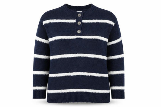 Front view of Papaya women’s blue round neck striped acrylic henley jumper, size L
