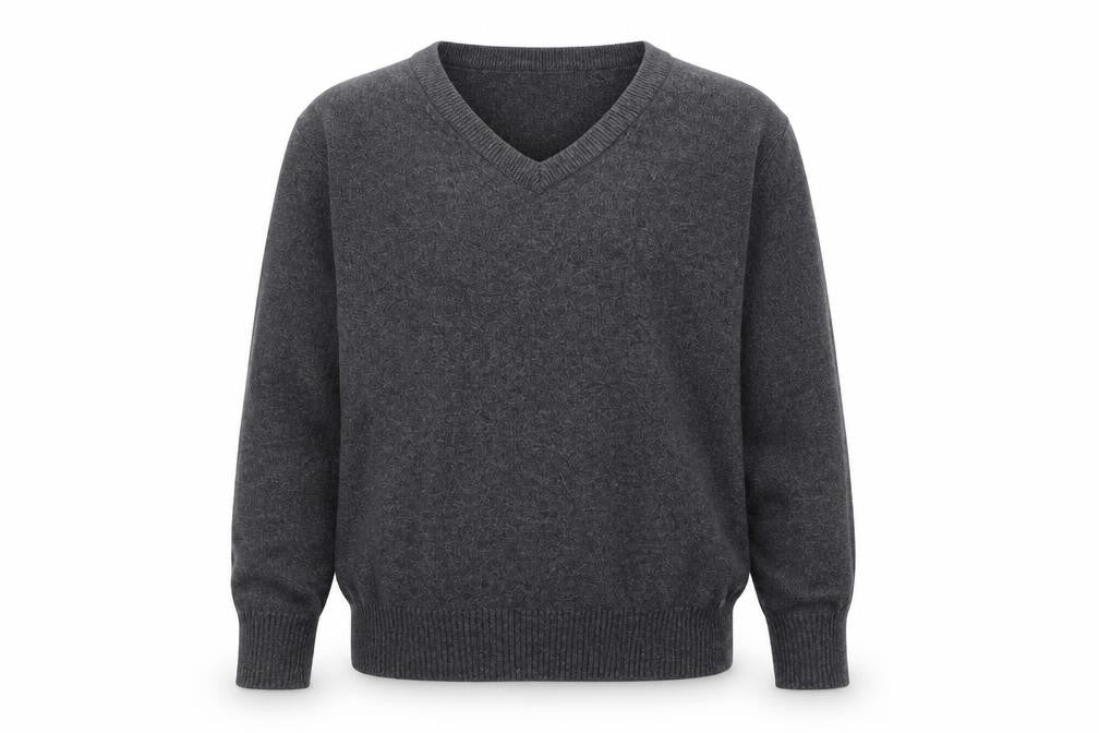 Front view of Marks & Spencer girls’ grey v-neck cotton jumper, size 5-6, years pullover