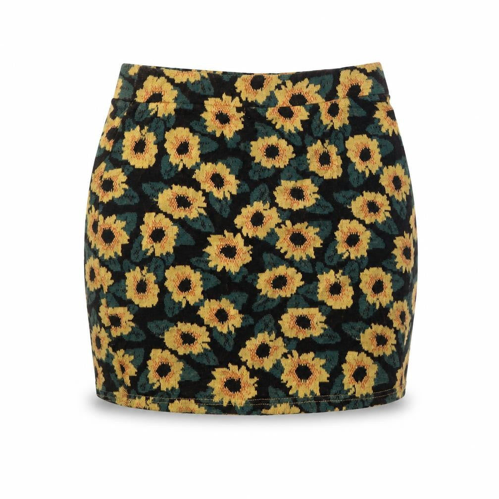 Front view of Cooperative women’s black floral cotton mini skirt, size S