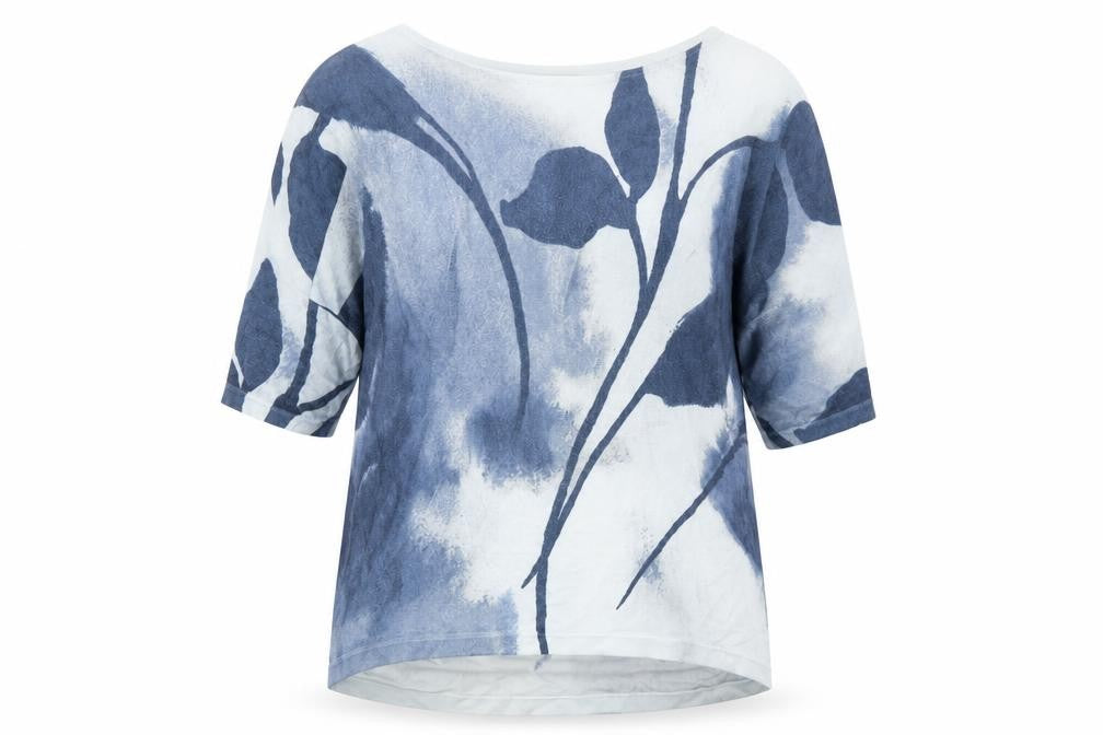 Front view of Phase Eight women’s blue round neck floral cotton jumper, size S