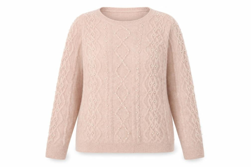 Front view of M&Co women’s pink round neck geometric acrylic jumper, size UK 12