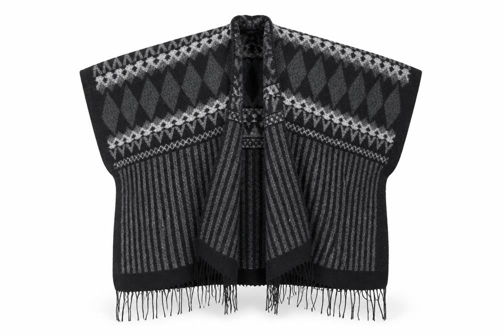 Steve Madden Womens Black V-Neck Geometric Polyester Cape Jumper One Size - Shawl