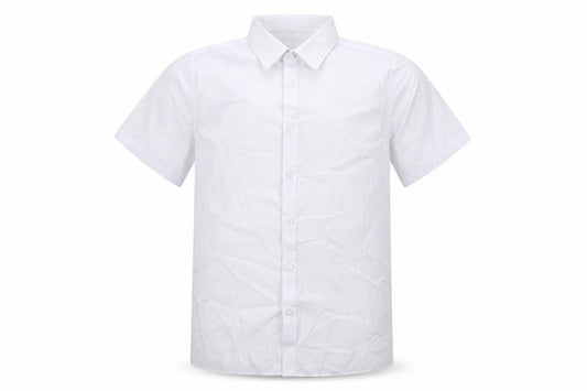 Front view of Marks & Spencer boys’ white polyester basic button-up, size 10-11, years collared button