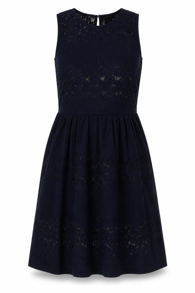 Front view of Lindex women’s blue geometric polyester fit & flare, size M, round neck button
