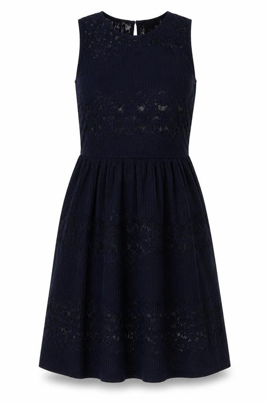Front view of Lindex women’s blue geometric polyester fit & flare, size M, round neck button