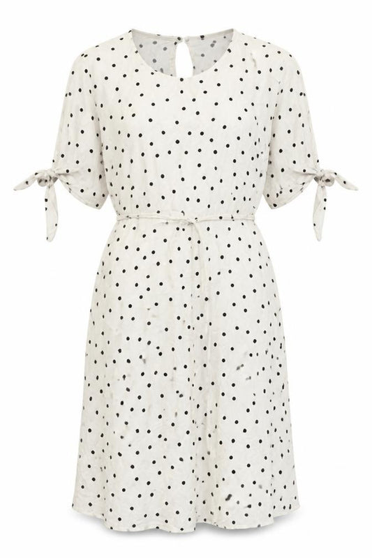Front view of Primark women’s white polka dot viscose a-line, size UK 6, round neck button - tie sleeve detail