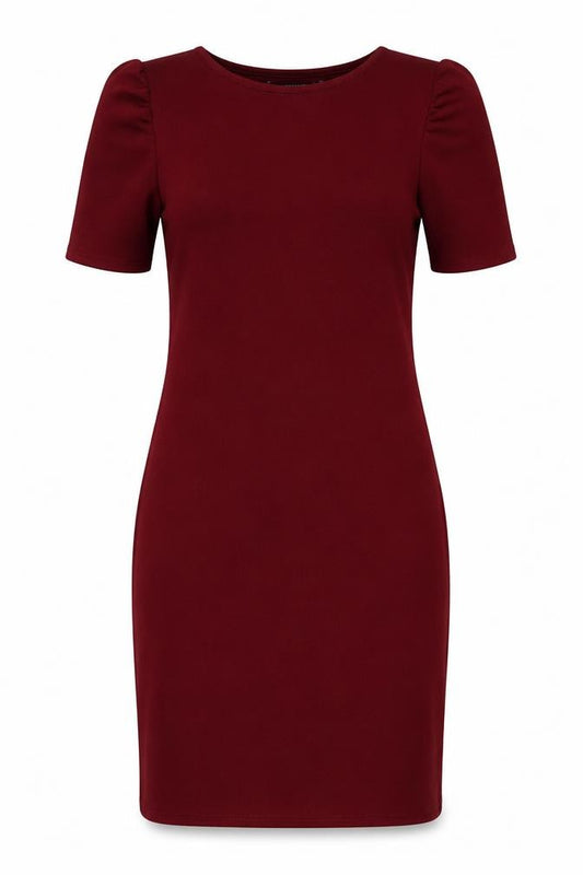 Front view of Dorothy Perkins women’s red polyester bodycon, size UK 12, boat neck button