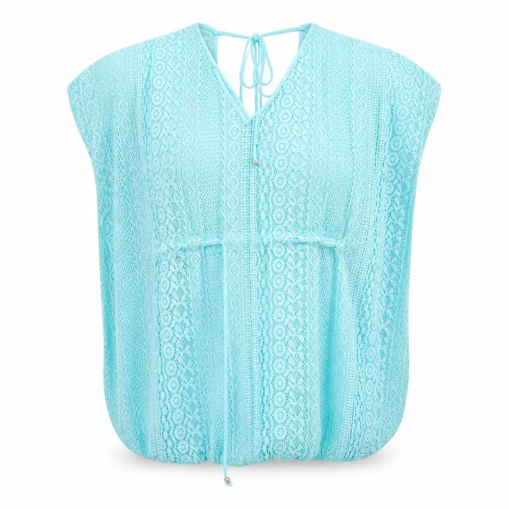 Front view of Beyou women’s blue geometric cotton basic blouse, size UK 12, v-neck