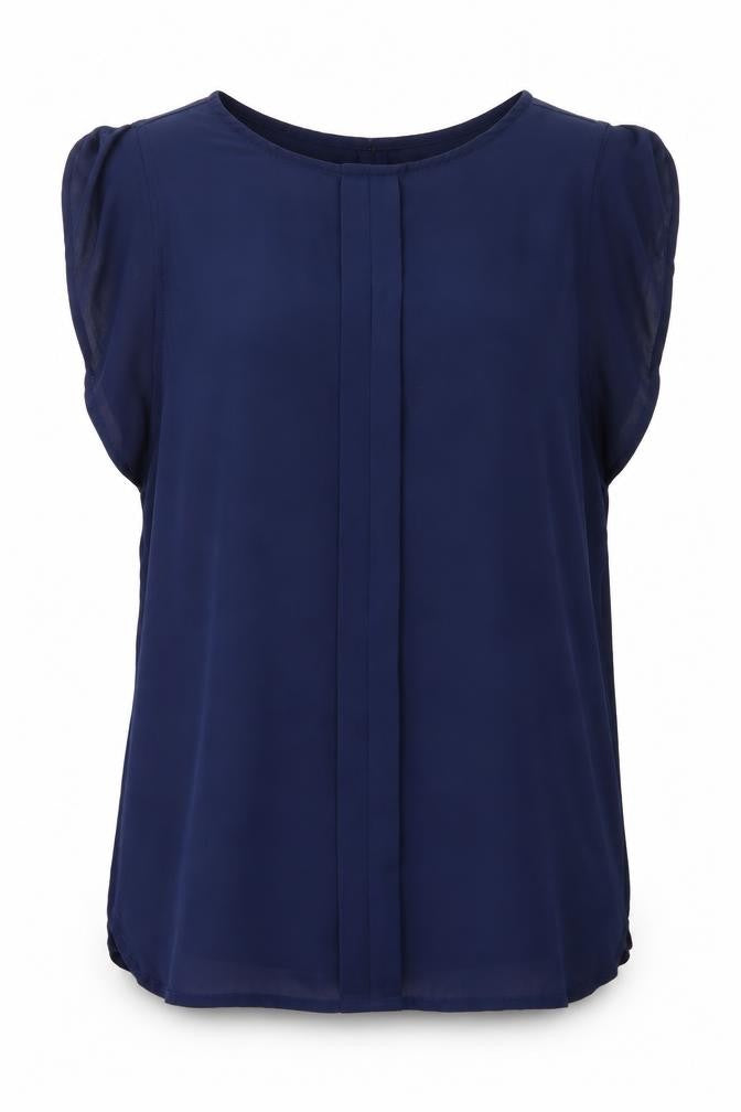 Front view of CALLIOPE women’s blue viscose basic blouse, size M, boat neck - pleat detail
