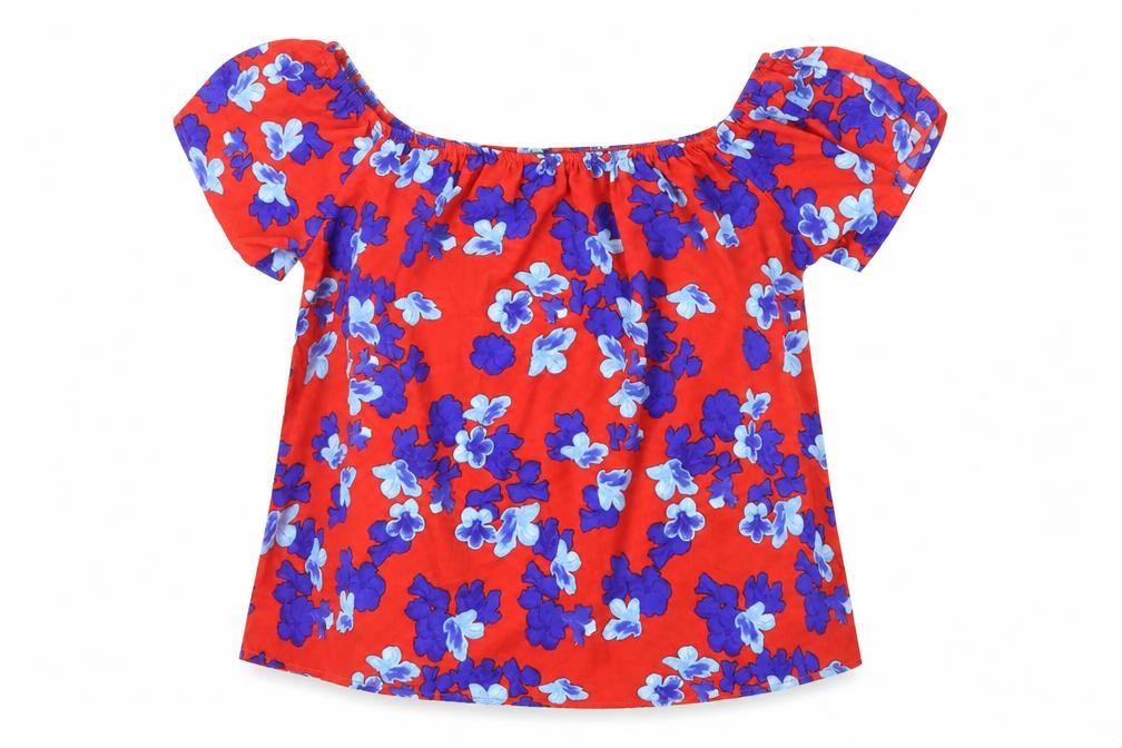 Front view of Primark women’s red floral viscose basic blouse, size UK 14, off the shoulder