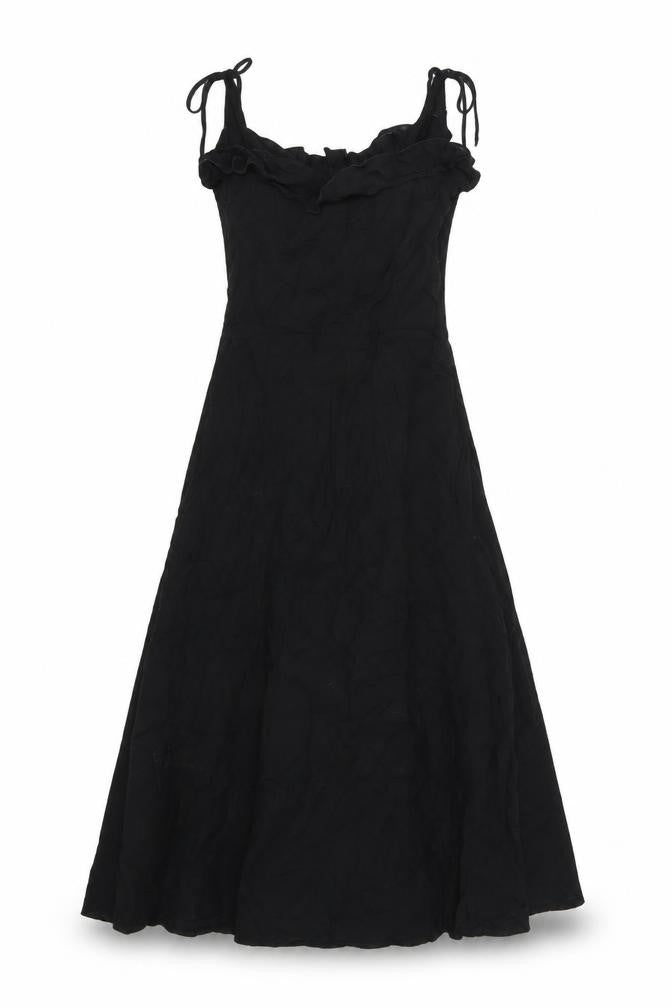 Front view of Warehouse women’s black viscose a-line, size UK 12, square neck zip