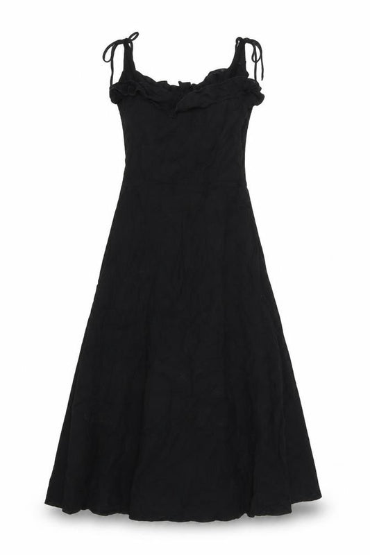 Front view of Warehouse women’s black viscose a-line, size UK 12, square neck zip