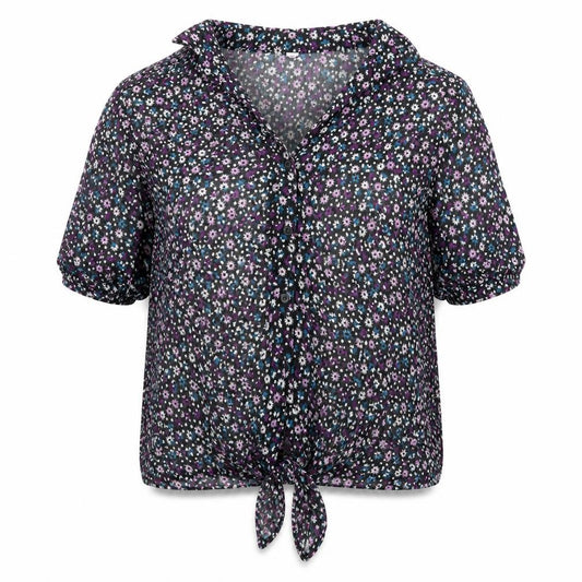 Front view of Debenhams women’s black floral polyester basic button-up, size UK 12, collared - knot front