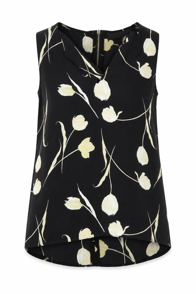 Front view of Next women’s black floral viscose basic blouse, size UK 6, v-neck