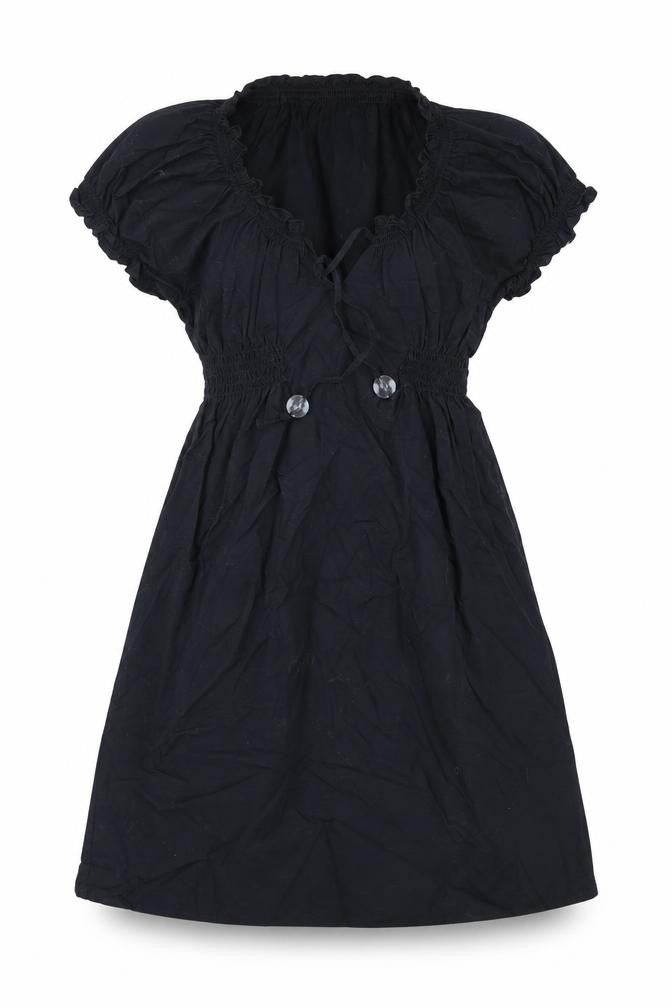Front view of H&M women’s blue polyester fit & flare, size UK 6, v-neck drawstring - shirred waist
