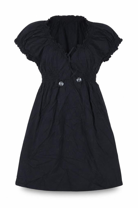 Front view of H&M women’s blue polyester fit & flare, size UK 6, v-neck drawstring - shirred waist