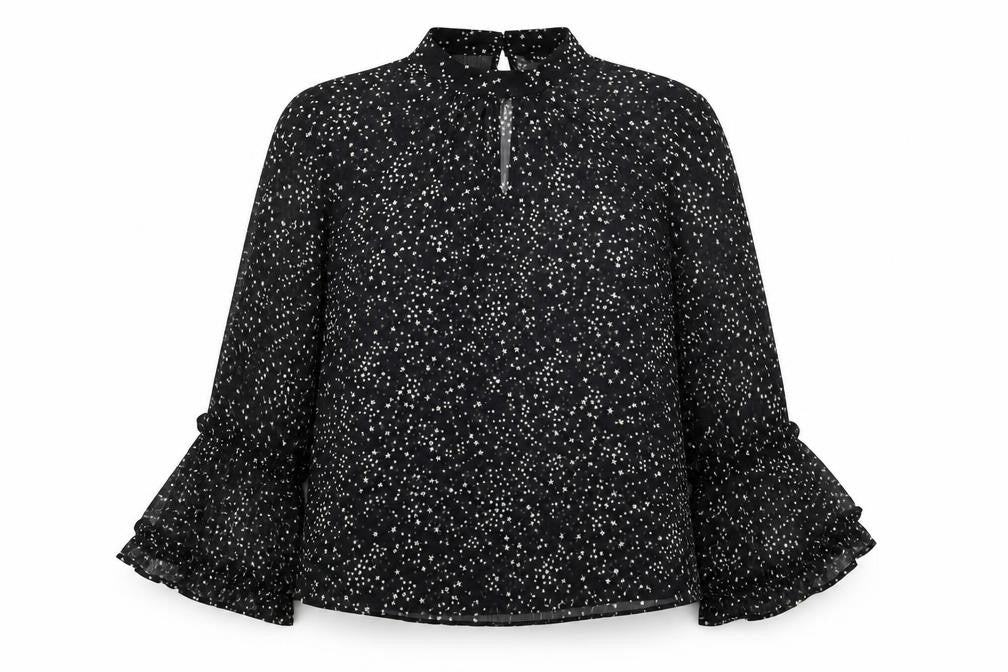 Front view of Dorothy Perkins women’s black geometric polyester basic blouse, size UK 10, mock neck - star print