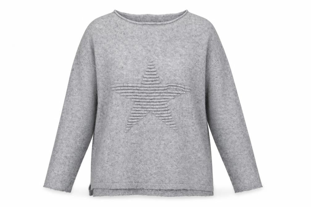 Front view of Preworn women’s grey round neck viscose jumper, size M, - star