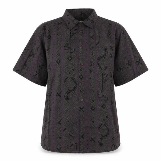 Front view of EWM women’s blue geometric cotton basic button-up, size M, collared