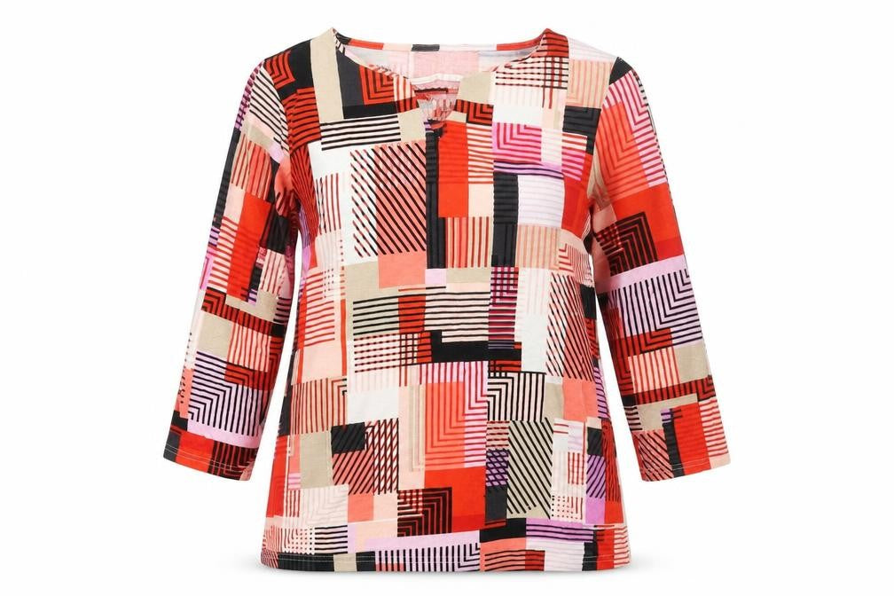 Front view of Preworn women’s red geometric viscose basic t-shirt, size M, round neck