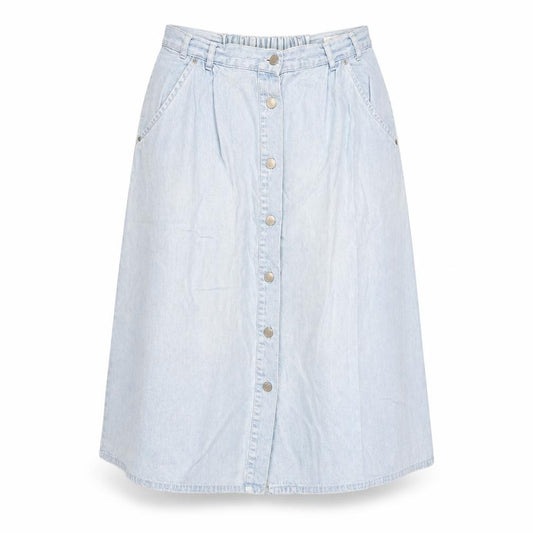 Front view of Preworn women’s blue cotton swing skirt, size UK 32, in button