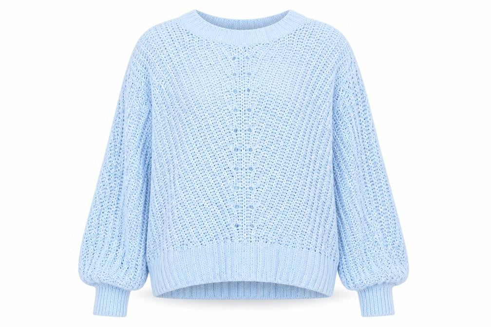 Front view of H&M women’s blue round neck polyester jumper, size S