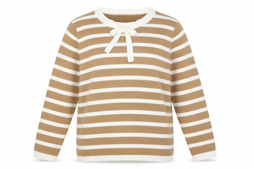 Front view of Marks & Spencer women’s beige round neck striped acrylic jumper, size UK 12