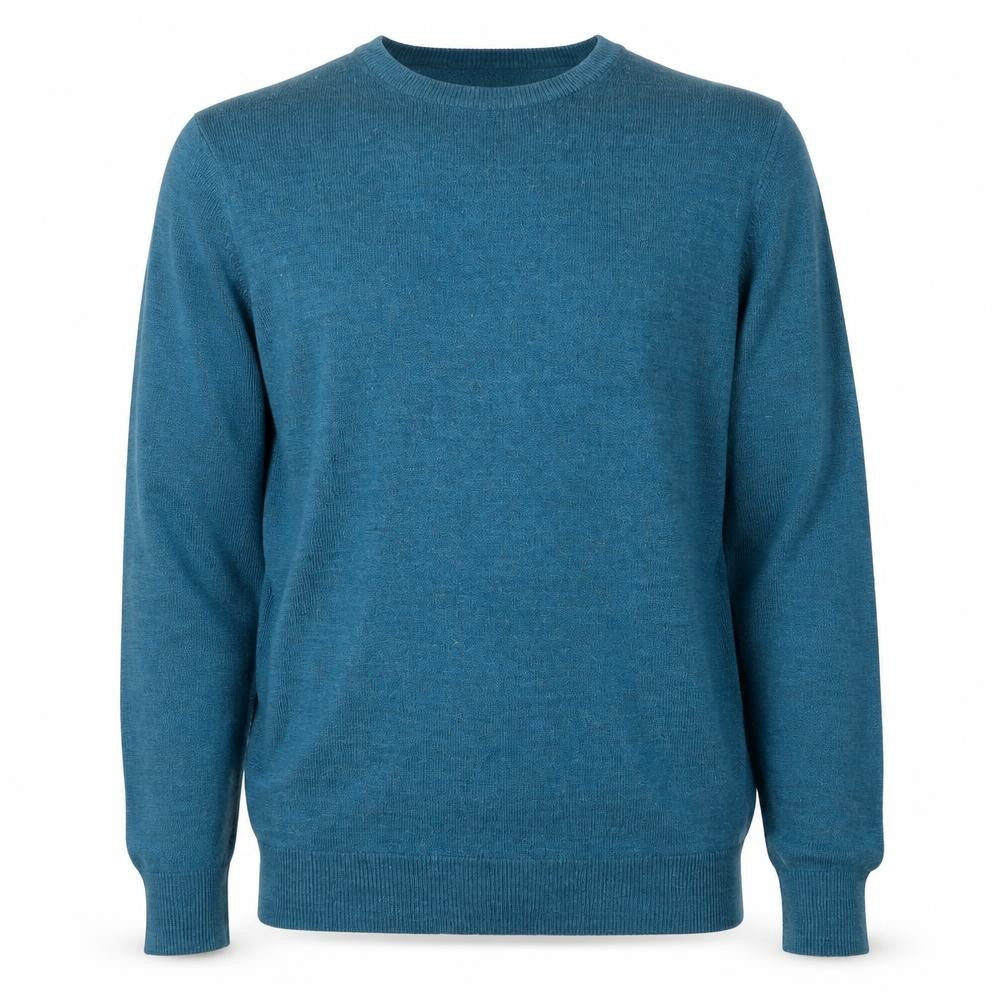 Front view of Cedarwood State men’s blue round neck acrylic jumper, size M, long sleeve