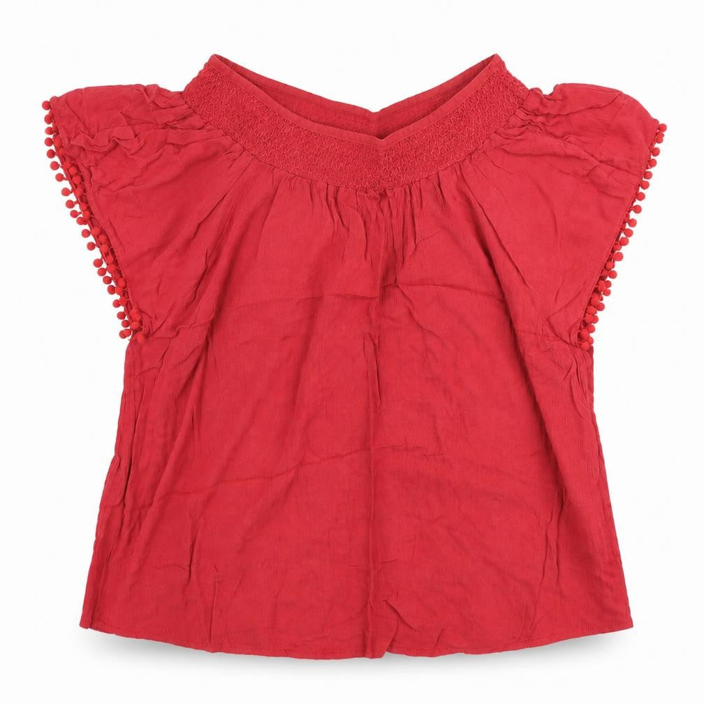 Peacocks Womens Red Polyester Basic Blouse Size 12 Boat Neck - Pom Pom Trim