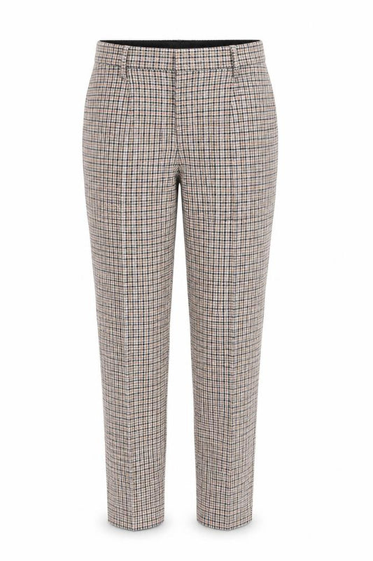 Front view of ASOS women’s multicoloured plaid cotton dress pants trousers, size UK 28, in, 20-inch leg regular zip