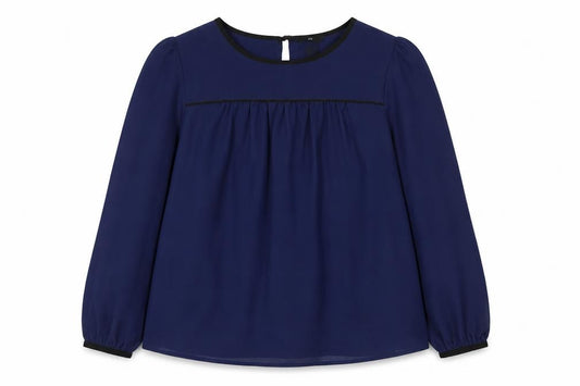 Front view of H&M women’s blue polyester basic blouse, size UK 10, round neck
