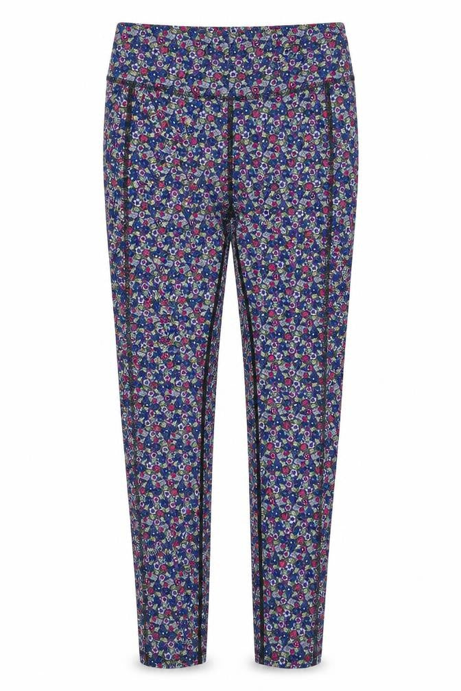 Front view of Marks & Spencer women’s multicoloured geometric polyester trousers, size UK 6, regular
