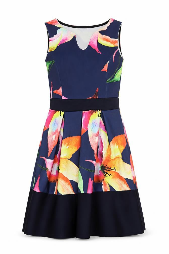Want That Trend Womens Blue Floral Polyester Fit & Flare Size 12 Boat Neck Pullover