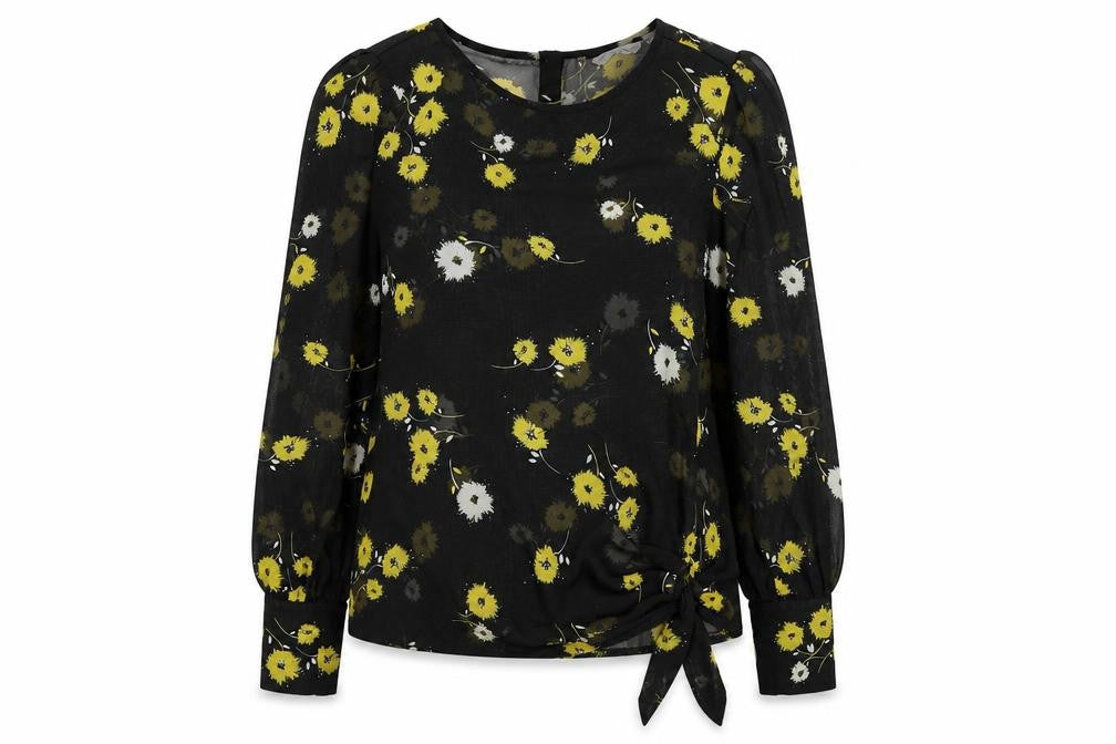 Front view of New Look women’s black floral polyester basic blouse, size UK 10, round neck - knot front