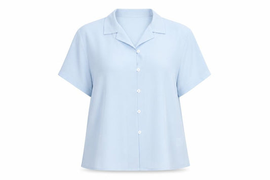 Front view of Anna Morelle women’s blue polyester basic button-up, size UK 18, collared