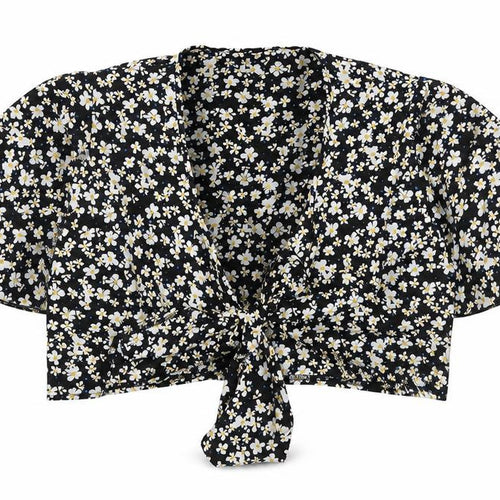 Joress Womens Black Floral Polyester Cropped Blouse Size XL V-Neck