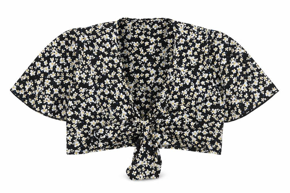 Joress Womens Black Floral Polyester Cropped Blouse Size XL V-Neck