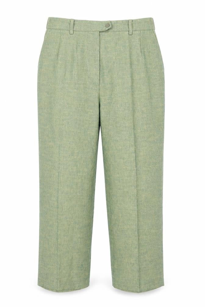 Front view of Preworn women’s green polyester trousers, size UK 12, regular zip